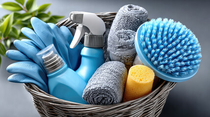 set of cleaning products and detergents in shopping cart, home hygiene and housekeeping concept, household supplies for cleanliness and maintenance, retail shopping, copy space,