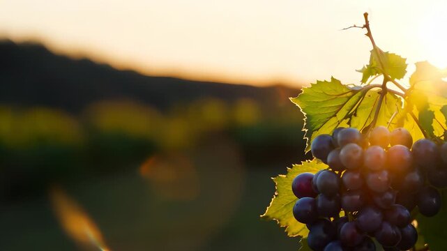 A cluster of ripe grapes hangs from a vine, illuminated by warm sunlight at sunset. This grape cluster showcases vibrant colors and lush green leaves that complement the lush vineyard.