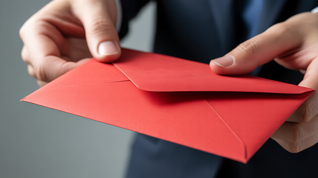 Man holds vibrant red envelope, close up shot highlighting texture, crisp edges, and the anticipation of the unseen message in a formal setting