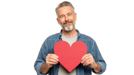A man is holding a red heart