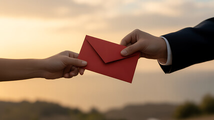 A person hands a red envelope to another against a soft, golden sunset backdrop
