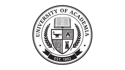 University of Academia Emblem with Open Book and Laurel Wreaths Keywords: university emblem
