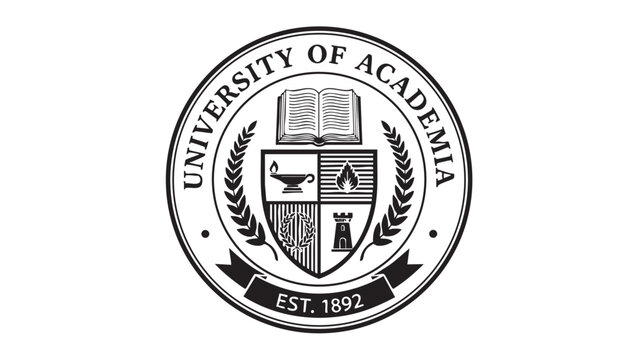 University of Academia Emblem with Open Book and Laurel Wreaths Keywords: university emblem
