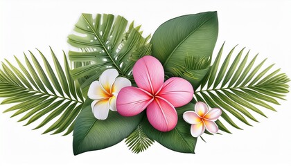 Tropical Flower Arrangement Fern Leaves Plumeria Pink Daisy Botanical Illustration