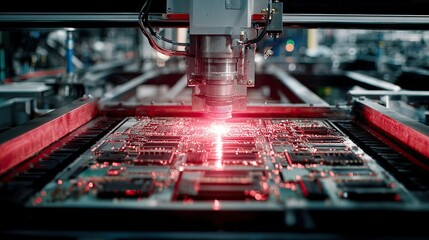 Automated laser engraving system working on electronic circuit board in high tech industrial factory
