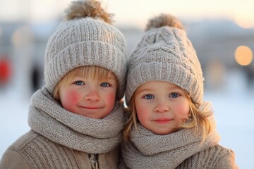Two smiling children in winter attire