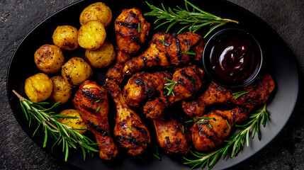 A plate of grilled chicken potatoes and rosemary
