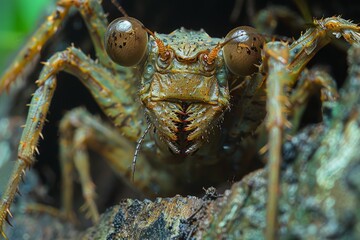 Detailed close-up of a unique insect with striking eyes in its natural habitat