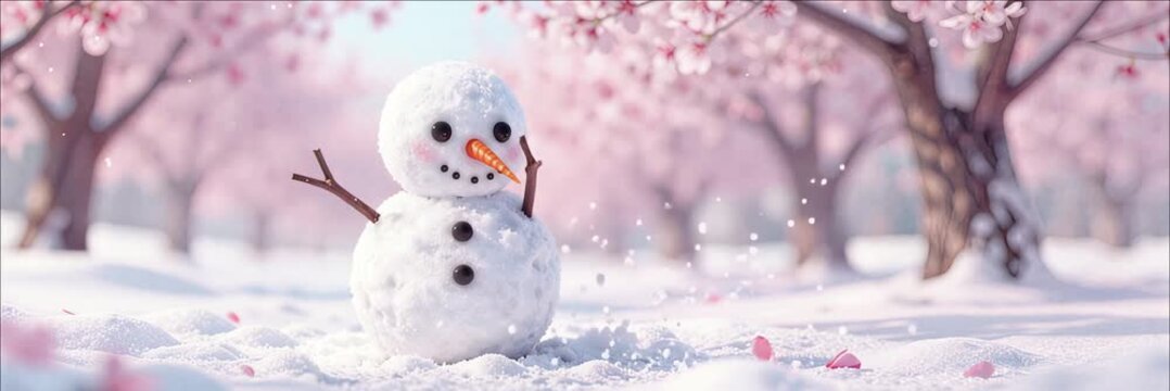 Seamless loop cartoon snowman with falling cherry blossoms