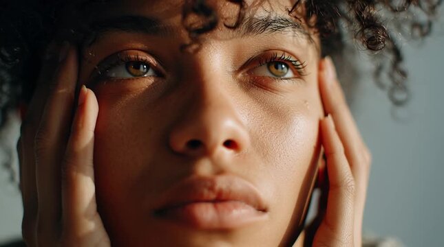  person briefly closing their eyes, then opening them again. Subtle emotional reset moment symbolizing clarity, calm decision-making, balance, and a fresh start for wellness or finance ads.