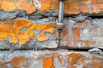 Construction worker using a drill on an old brick wall during renovation at a building site
