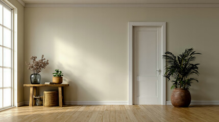 A room with a white door a window a wooden table with plants and a wicker basket