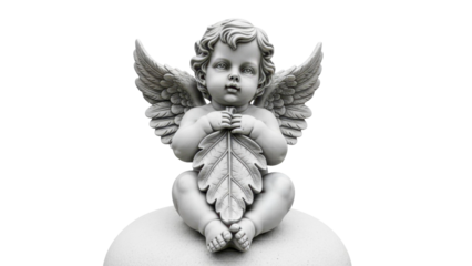 Stone Angel Holding Leaf on Transparent Background PNG