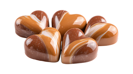 Five chocolate hearts with a brown and white swirl pattern