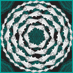 Vector scarf print of black and white crocodiles on a green ornate geometrical background