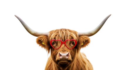 Highland Cow with Heart Glasses on a Transparent Background PNG