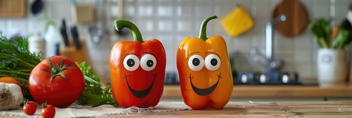 There are various ripe vegetables with eyes and a smile on the kitchen table. Healthy eating.