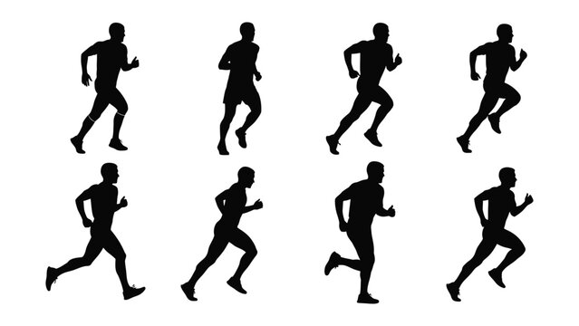 Silhouettes of runners in various poses. silhouettes of people run different poses