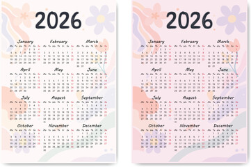 Elegant 2026 Yearly Calendar with Soft Pastel Background and Modern Layout