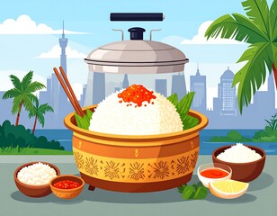 Rice dish, cityscape view