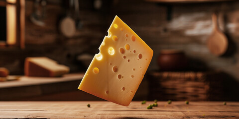 Yellow cheese block with holes floating above rustic wooden kitchen table in warm light