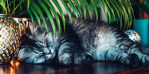Gray cat sleeping peacefully under green leaves in cozy home setting  