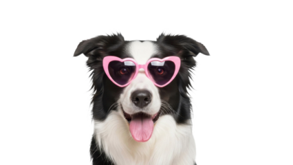 Border Collie Dog Wearing Heart Shaped Sunglasses on a Transparent PNG
