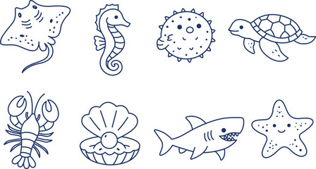 Set of 8 sea creatures. Skat, seahorse, pufferfish, turtle, lobster, pearl, shark, sea star. Line icons on white background.  © Galyna Fedorova