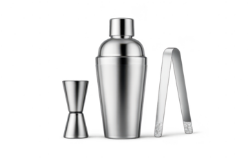 Silver bar tools including shaker, jigger on transparent background