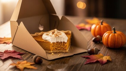 A slice of pumpkin pie with whipped cream in a takeout box. Traditional autumn dessert for Thanksgiving on a wooden table with fall decorations