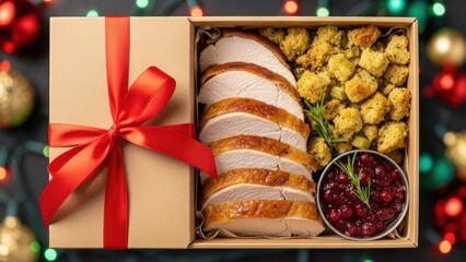 Holiday dinner in a gift box with roasted turkey, stuffing, and cranberry sauce. Christmas food delivery or catering concept. Top view flat lay on a festive background