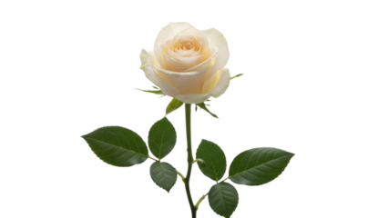 Ivory Rose with Stem and Leaves on a Transparent Background PNG