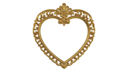 Golden Heart Shaped Frame Ornate Filigree on Transparent Background PNG