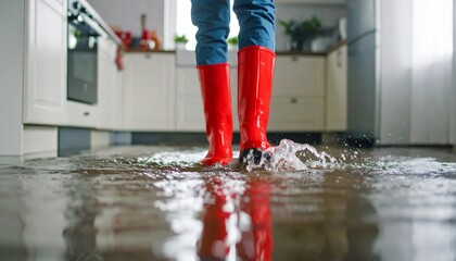 Person in red boots walks through flooded kitchen