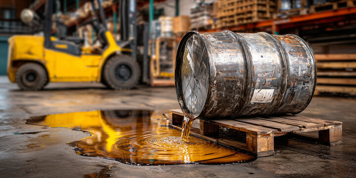 Spilled oil barrel on wooden pallet in industrial warehouse setting  