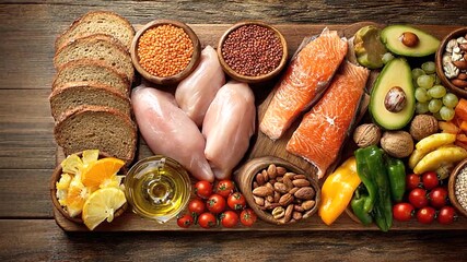 Healthy food selection on a wooden board for balanced nutrition.