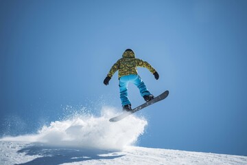 Snowboarder in mid-air performing a jump, viewed from behind on a snowy mountain slope. Dynamic action shot capturing freestyle snowboarding, winter sports excitement, and adrenaline rush