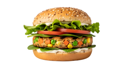 Delicious and colorful burger with fresh vegetables and sauce isolated on transparent background