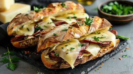 A sandwich with toasted meat and golden brown cheese, with melted cheese dripping from the sides with traces of grilling and a crispy crust.