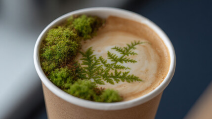 Green fern latte art with moss-like edible garnish in a brown paper cup, close-up macro. Biophilic, eco-friendly coffee ritual blending nature and urban wellness aesthetics