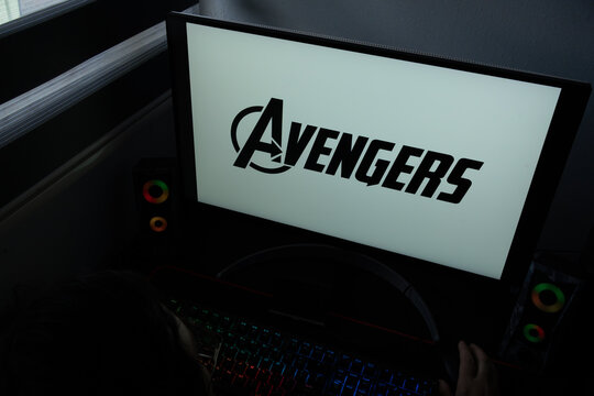 Punta Arenas, Chile &ndash; December 21, 2025: The Avengers movie franchise logo is displayed on a computer monitor in a dark home office setting