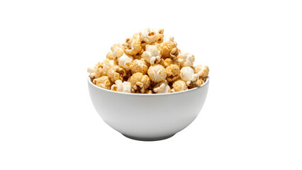 Delicious caramel popcorn overflowing from white bowl a sweet treat for movie nights and snack time isolated on transparent background