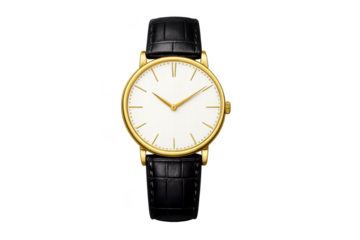 Elegant gold wristwatch with black leather strap on transparent background