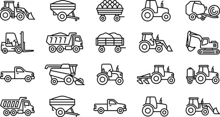 Agricultural machinery icon set illustration, farm tractors, harvesters, trailers, trucks, loaders, modern outline vector collection for farming, rural transport, agriculture equipment design © Sophia Creatives