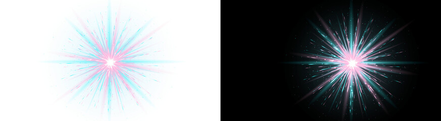 Bright neon light burst effect with cyan and pink streaks on transparent background