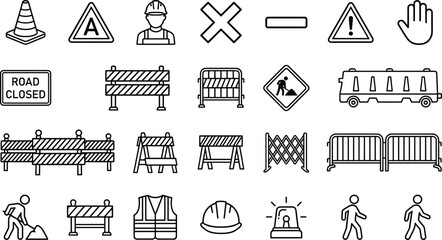 Road work and construction safety icon set illustration, traffic warning signs, barriers, cones, workers, helmets, modern outline vector collection for road safety design © Sophia Creatives