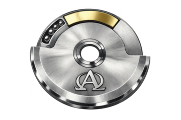 Mechanical disc element on transparent background, silver and gold