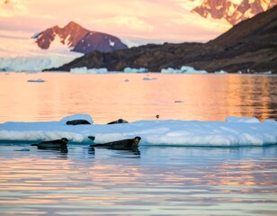 Seals resting on ice floes at sunset