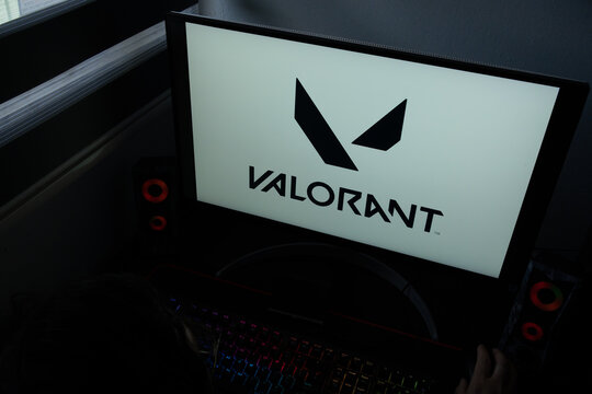 Punta Arenas, Chile &ndash; December 22, 2025: The Valorant video game logo and wordmark are displayed on a computer monitor in a dark home office setting