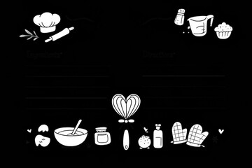 Cute hand-drawn recipe card template with baking and cooking illustrations on black background
